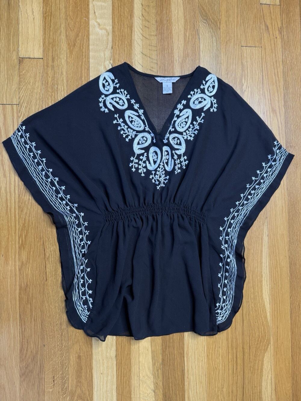 Boho Embroidered Kaftan Tunic Top Black Sheer Chiffon V Neck Swim Cover Up Small